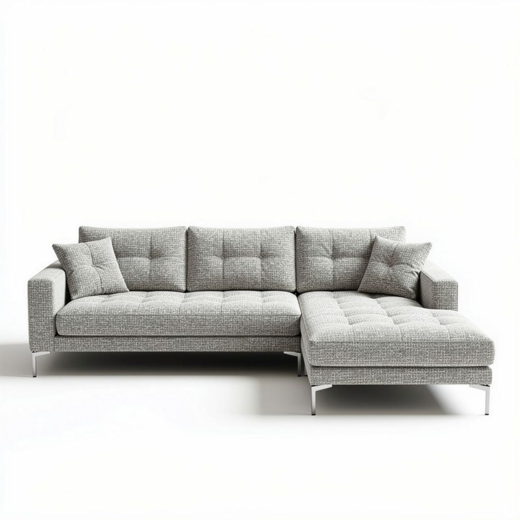 Sofa narożna z szarym obićiem materiałowym w rozmiarze 250 x 200 x 85cm